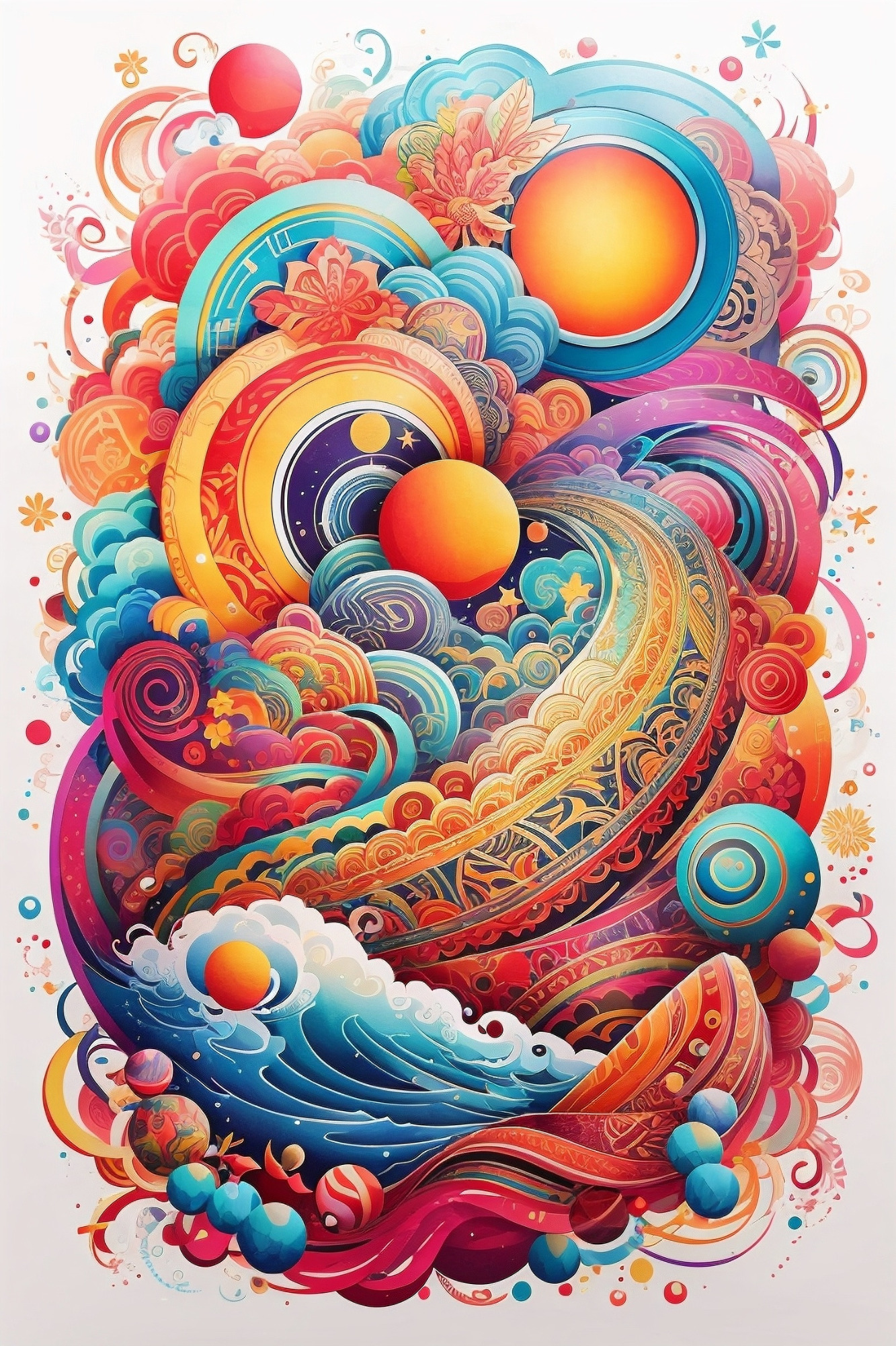 Colorful abstract artwork featuring swirling patterns, suns, and flowing waves.